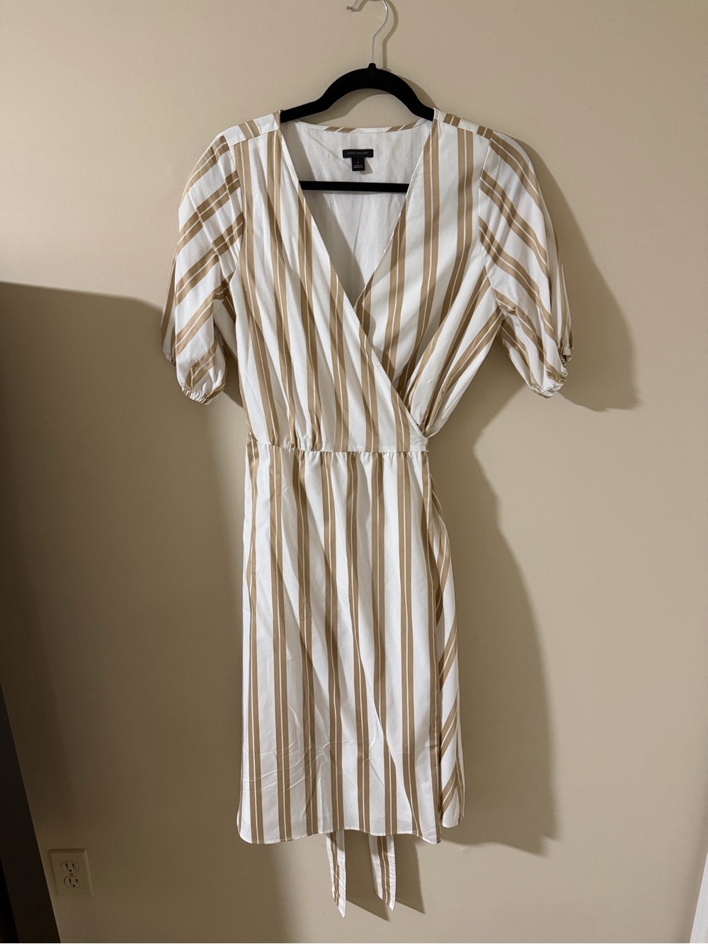 Ann Taylor Beige and White Striped Midi Wrap Dress